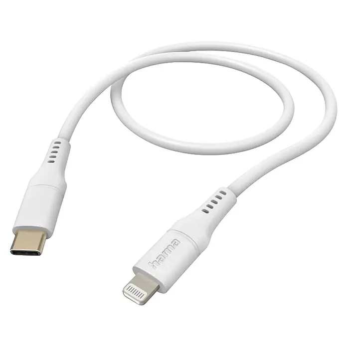 Hama USB-Kabel USB 2.0 Apple Lightning USB-C Flexibel 00201574 - 1,5 m, Weiß - Weißes USB-C auf Lightning Ladekabel mit 'hama' Branding.