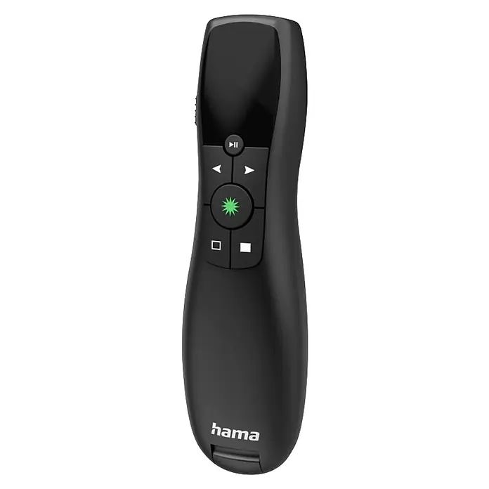 Hama Fernbedienung 00139918 "Greenlight-Pointer" 4in1 Laserfarbe Grün - Schwarz - Schwarze Präsentationsfernbedienung mit Steuertasten und grünem Laserpointer.