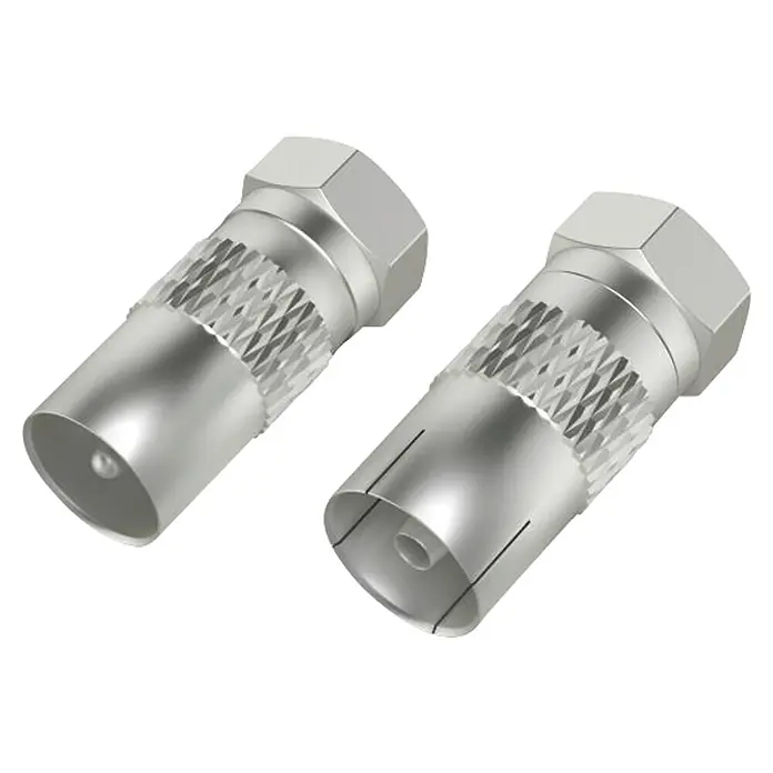 Hama Koax-Stecker 00205315 F-Stecker - Koax-Stecker/Kupplung 2 Stück - Silber - Zwei silberfarbene Koaxial-Antennenstecker aus Metall mit Rändelgriff, einer männlich und einer weiblich.