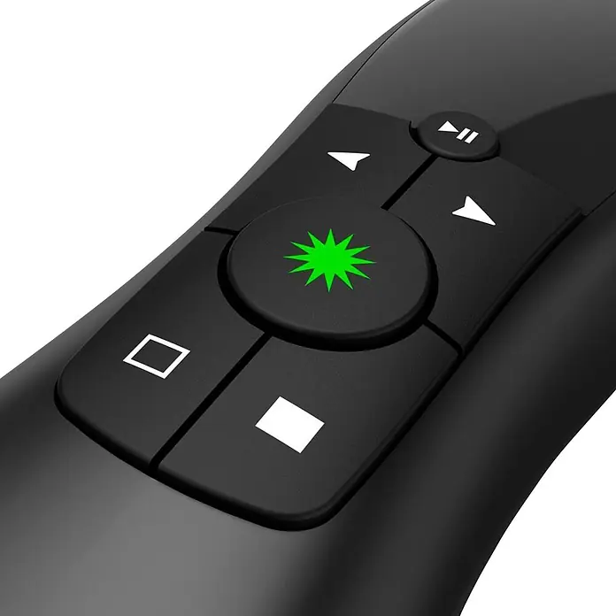 Hama Fernbedienung 00139918 "Greenlight-Pointer" 4in1 Laserfarbe Grün - Schwarz - Schwarze Präsentationsfernbedienung mit grünem Stern-Laserpointer-Knopf und Navigationstasten.