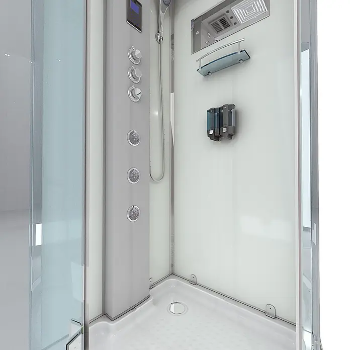 AcquaVapore Komplettdusche Dampfdusche D37-10L3 - 90 x 90 x 218 cm, Weiß - Moderne Multifunktions-Duschkabine mit klarem und mattiertem Glas, weißer Duschwanne, grauem Bedienfeld, Massagedüsen und silbernen Armaturen.
