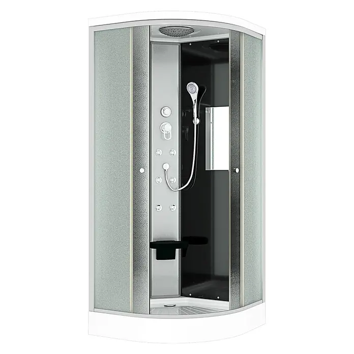 AcquaVapore Komplettdusche Fertigdusche D10-13M0-EC - 90 x 90 x 215 cm, Schwarz - Moderne Eckduschkabine mit Milchglas, weißem Rahmen, silberner Duschsäule mit Düsen, Handbrause und schwarzem Klappsitz.