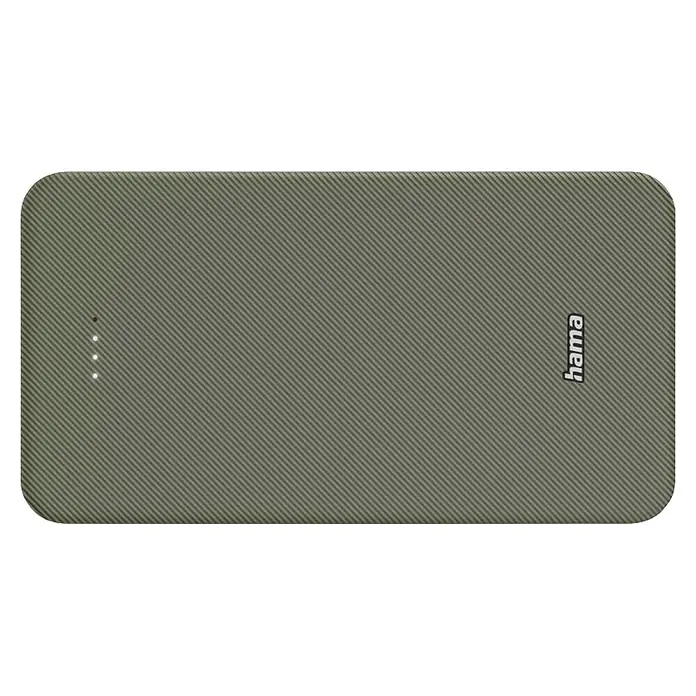 Hama Powerbank 20000 mAh Fast Charge LiPo Statusanzeige - Grün - Dunkelgrüne Powerbank mit diagonalen Streifen, vier weißen Anzeigeleuchten und „hama“-Logo.