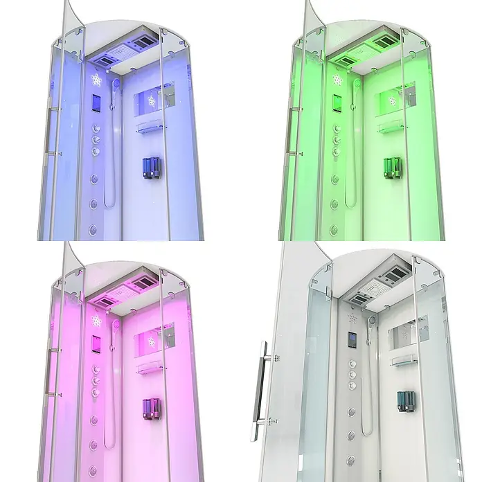 AcquaVapore Komplettdusche Dampfdusche D37-10L3 - 90 x 90 x 218 cm, Weiß - Moderne Glas-Duschkabine mit Chromotherapie-LED-Beleuchtung in Blau, Grün, Pink und Weiß.