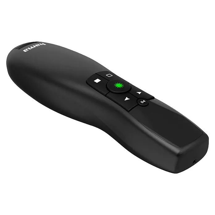 Hama Fernbedienung 00139918 "Greenlight-Pointer" 4in1 Laserfarbe Grün - Schwarz - Schwarze ergonomische Hama Präsentationsfernbedienung mit beleuchteter grüner Laserpointer-Taste und Multimedia-Steuerung.