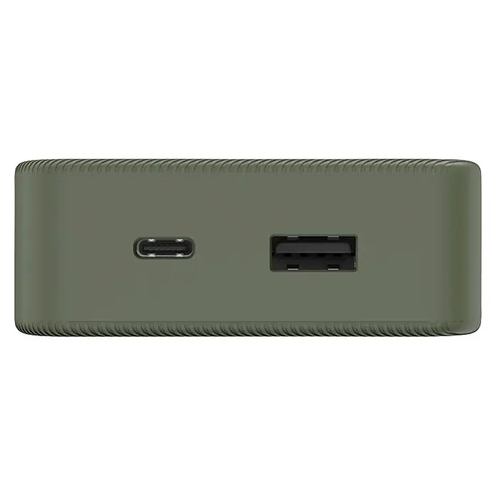 Hama Powerbank 20000 mAh Fast Charge LiPo Statusanzeige - Grün - Olivgrüne Powerbank mit geriffelten Kanten, USB-C- und USB-A-Anschlüssen.