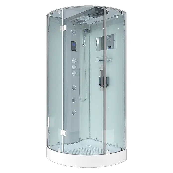 AcquaVapore Komplettdusche Dampfdusche D37-10L3 - 90 x 90 x 218 cm, Weiß - Moderne, gebogene Duschkabine mit Klarglas, weißem Sockel, integriertem Duschkopf, Bedienfeld und Massagedüsen.