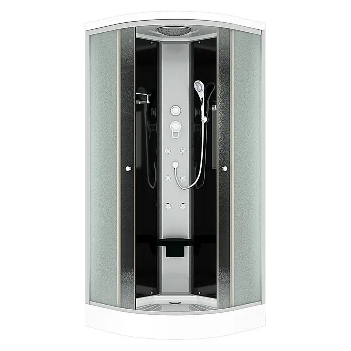 AcquaVapore Komplettdusche Fertigdusche D10-13M0-EC - 90 x 90 x 215 cm, Schwarz - Moderne Duschkabine mit mattierten Glastüren, weißem Rahmen und grauem Hydromassage-Paneel mit mehreren Düsen und Handbrause.