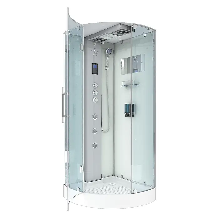 AcquaVapore Komplettdusche Dampfdusche D37-10L3 - 90 x 90 x 218 cm, Weiß - Moderne Eckduschkabine mit klaren Glastüren, weißer Basis und Multifunktions-Bedienfeld mit Düsen und Kopfbrause.