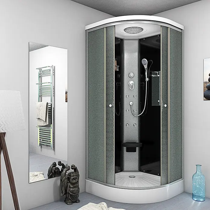 AcquaVapore Komplettdusche Fertigdusche D10-13M0-EC - 90 x 90 x 215 cm, Schwarz - Moderne Eckduschkabine mit grauen Struktuglastüren, weißer Basis und innenliegendem Duschpaneel mit Regen- und Massagedüsen im Badezimmer.