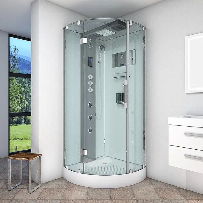 AcquaVapore Komplettdusche Dampfdusche D37-10L3 - 90 x 90 x 218 cm, Weiß - Eine viertelkreisförmige Glas-Dampfduschkabine mit weißem Unterteil und grauem Bedienfeld, installiert in einer modernen Badezimmerecke.