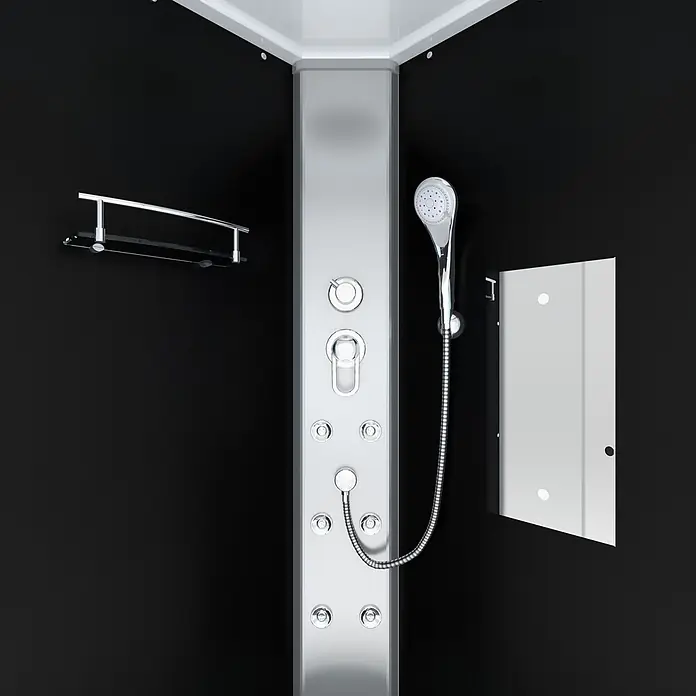 AcquaVapore Komplettdusche Fertigdusche D10-13M0-EC - 90 x 90 x 215 cm, Schwarz - Modernes Duschkabinen-Interieur mit einer gebürsteten silbernen Duschsäule, Handbrause und schwarzen Wänden, inklusive kleiner Chromablage.