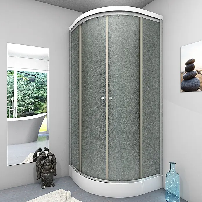 AcquaVapore Komplettdusche Fertigdusche D10-13M0-EC - 90 x 90 x 215 cm, Schwarz - Eine gebogene Viertelkreis-Duschkabine mit mattierten Glastüren und weißem Sockel in einer modernen Badezimmerecke.