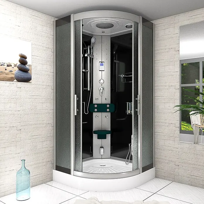 AcquaVapore Komplettdusche Dampfdusche D46-03M2 - 80 x 80 x 215 cm, Schwarz - Moderne Eckduschkabine mit dunklen Paneelen, Chromarmaturen und weißer Basis in einem gefliesten Badezimmer.