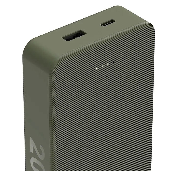 Hama Powerbank 20000 mAh Fast Charge LiPo Statusanzeige - Grün - Grüne Powerbank mit strukturierter Oberfläche, USB-A- und USB-C-Anschlüssen und vier LED-Ladeanzeigen.