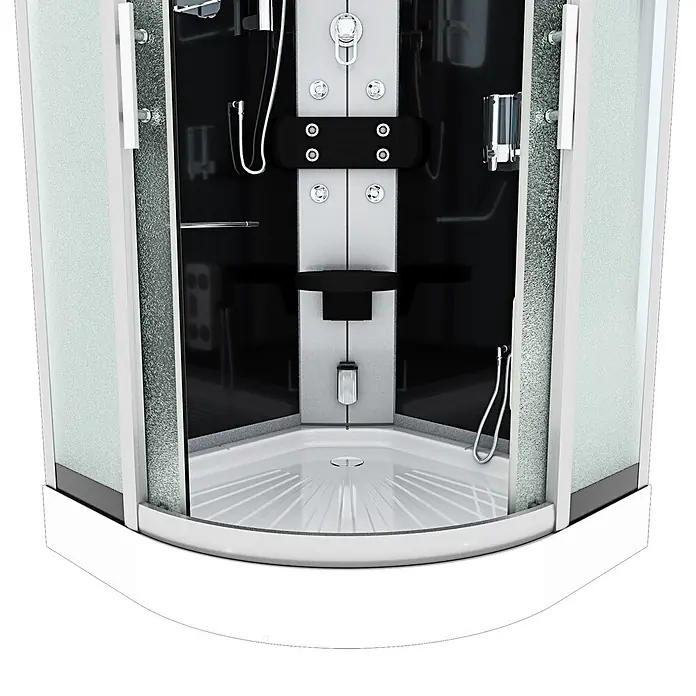 AcquaVapore Komplettdusche Dampfdusche D46-03M2 - 80 x 80 x 215 cm, Schwarz - Moderne Viertelkreis-Duschkabine mit mattem Glas, weißer Duschwanne, schwarzer Rückwand und Chrom-Duschsystem.