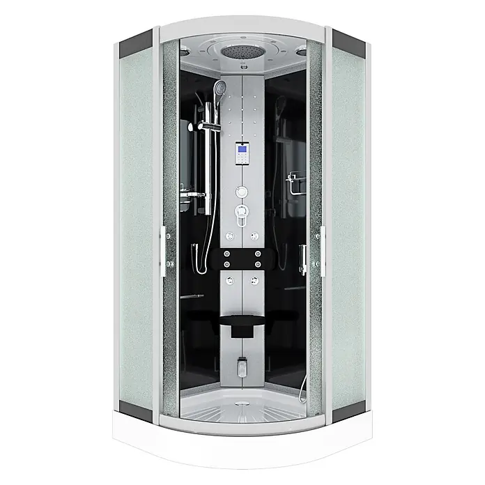 AcquaVapore Komplettdusche Dampfdusche D46-03M2 - 80 x 80 x 215 cm, Schwarz - Moderne Eckduschkabine mit Milchglasplatten, weißem Rahmen und einer Multi-Jet-Innenausstattung mit Chromarmaturen, Bedienfeld und Sitz.