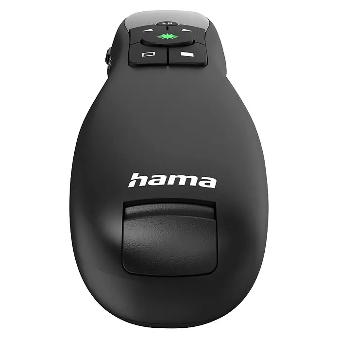 Hama Fernbedienung 00139918 "Greenlight-Pointer" 4in1 Laserfarbe Grün - Schwarz - Schwarze Hama Funk-Presenter-Fernbedienung mit glatter Oberfläche, Navigationsknöpfen, grünem Laserpointer und Clip.