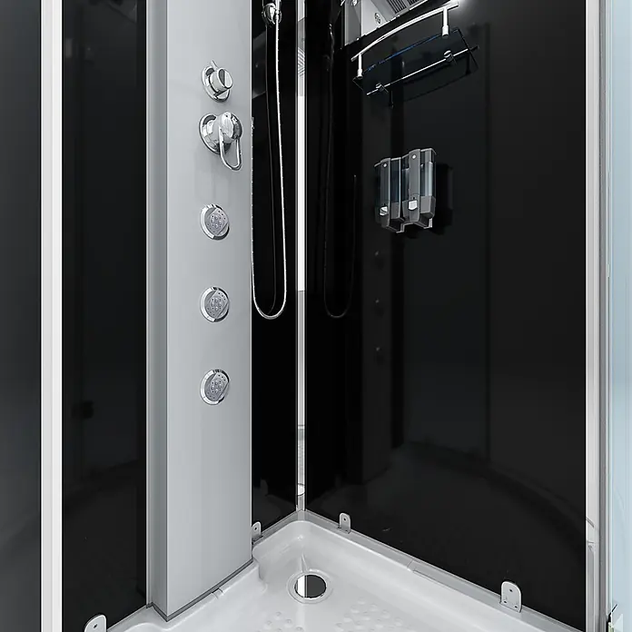 AcquaVapore Komplettdusche Dampfdusche D37-13R2-EC - Schwarz - Eine moderne Eckduschkabine mit schwarzen Rückwänden, einem grauen Bedienfeld mit Chromarmaturen und einer weißen Duschwanne.