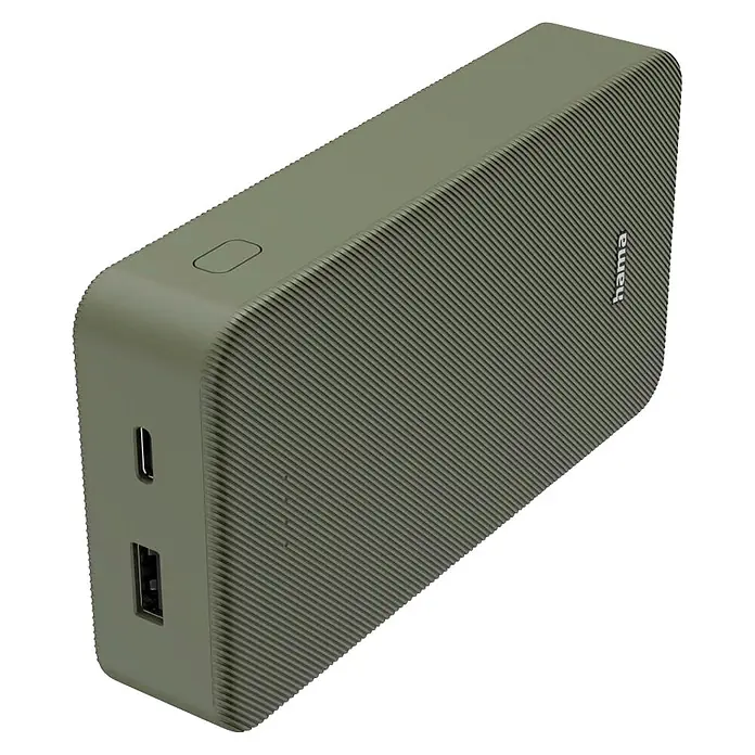 Hama Powerbank 20000 mAh Fast Charge LiPo Statusanzeige - Grün - Olivgrüne Powerbank mit gerippter Oberfläche, USB-C- und USB-A-Anschlüssen sowie einem Ein-/Ausschalter.