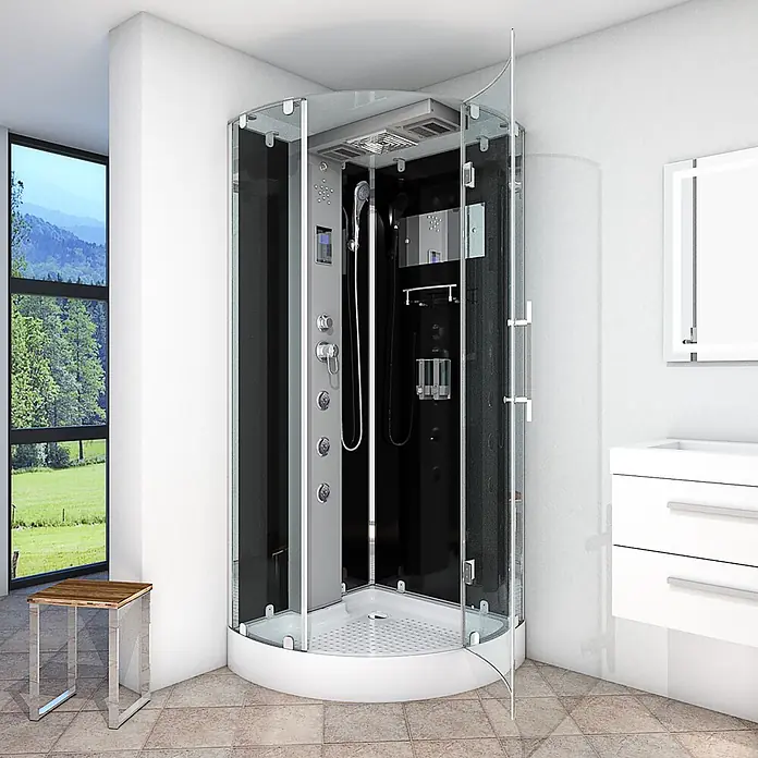 AcquaVapore Komplettdusche Dampfdusche D37-13R2-EC - Schwarz - Moderne Eckduschkabine mit Klarglaswänden, schwarzen Rückwänden und silbernen Bedienelementen in einem hellen Bad.