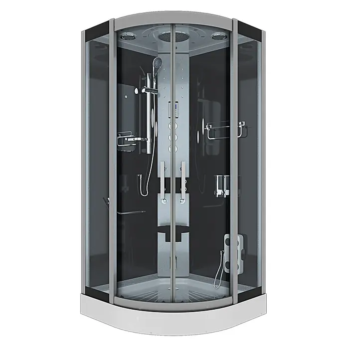 AcquaVapore Komplettdusche Dampfdusche D46-23T3-EC - 100 x 100 x 215 cm, Schwarz - Moderne Eckduschkabine mit dunkelgrauen Paneelen, Klarglastüren, silbergrauem Rahmen und weißer Basis. Verfügt über mehrere Düsen und Handbrause.