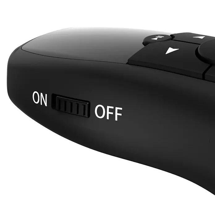 Hama Fernbedienung 00139918 "Greenlight-Pointer" 4in1 Laserfarbe Grün - Schwarz - Schwarzes elektronisches Gerät aus Kunststoff mit EIN/AUS-Schiebeschalter und sichtbaren Bedientasten.