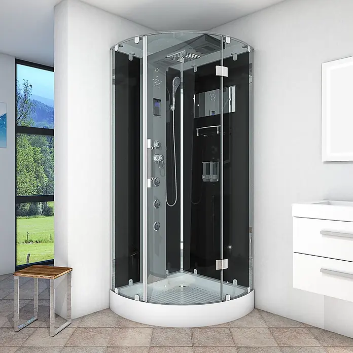 AcquaVapore Komplettdusche Dampfdusche D37-13R2-EC - Schwarz - Moderne Eckduschkabine mit Klarglastüren, schwarzen Rückwänden und weißem Sockel.
