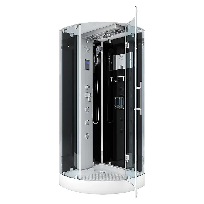 AcquaVapore Komplettdusche Dampfdusche D37-13R2-EC - Schwarz - Moderne Eckduschkabine mit Klarglastüren, weißem Boden, schwarzen Innenverkleidungen und silberner Steuersäule mit Düsen und Handbrause.