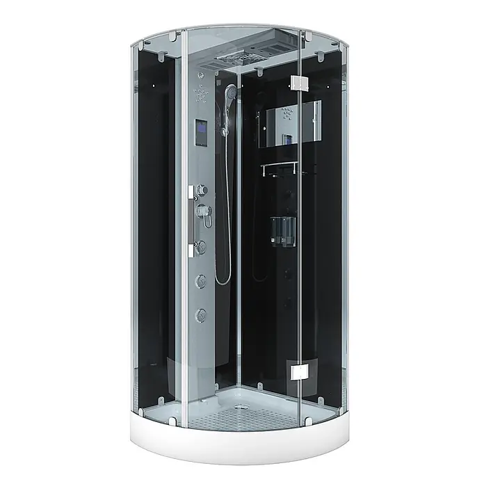 AcquaVapore Komplettdusche Dampfdusche D37-13R2-EC - Schwarz - Gekrümmte Glasduschkabine mit schwarzen Paneelen, grauem Bedienfeld, Handbrause, Massagedüsen und weißer Basis.