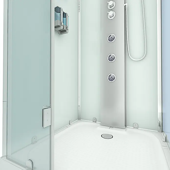 AcquaVapore Komplettdusche Fertigdusche D38-10L1-EC - 90 x 90 x 218 cm, Weiß - Eckduschkabine mit mattierten Glaspaneelen, weißer Duschwanne, integriertem Duschpaneel und Wandseifenspender.