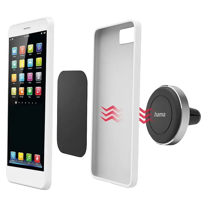 Hama Handyhalter 00201972 "Magnet" für Lüftung 360 Grad drehbar universal - Schwarz, Silber - Weiße Smartphone-Komponenten: schwarze Metallplatte, weiße Handyhülle und ein magnetischer Telefonhalter, die magnetische Befestigung demonstrieren.