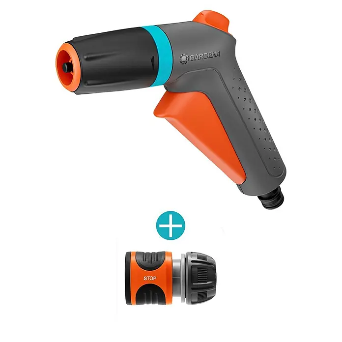 Gardena Classic Kit pistola de limpieza II - Número de formas de rociado: 2 ud., Plástico - Pistola de riego Gardena gris, negra, naranja y azul claro, con un conector de manguera 'STOP' naranja y negro a juego.