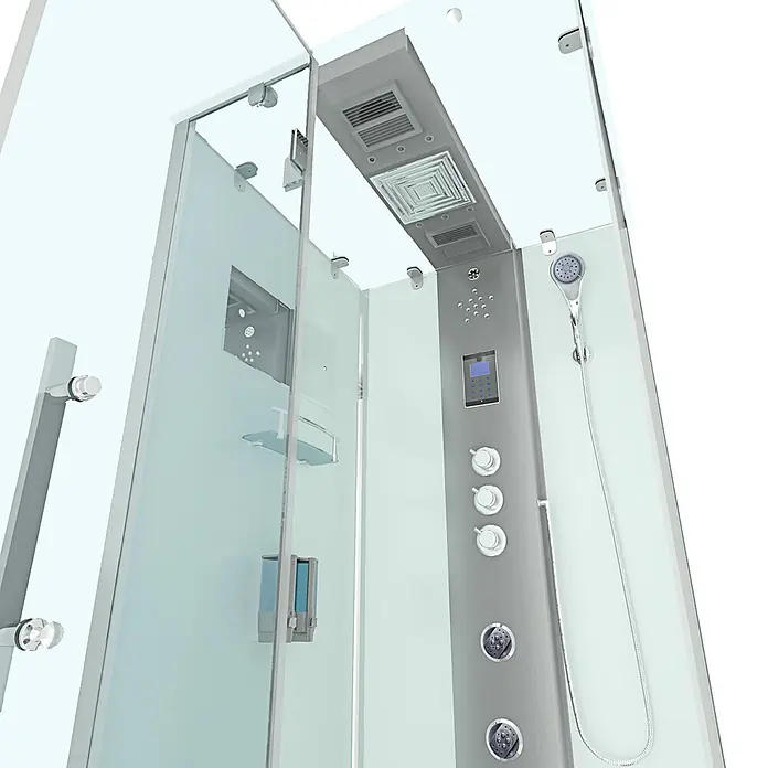 AcquaVapore Komplettdusche Fertigdusche D38-10L1-EC - 90 x 90 x 218 cm, Weiß - Moderne Glasduschkabine mit grauem Bedienfeld, Digitalanzeige, Handbrause und Kopfbrause.