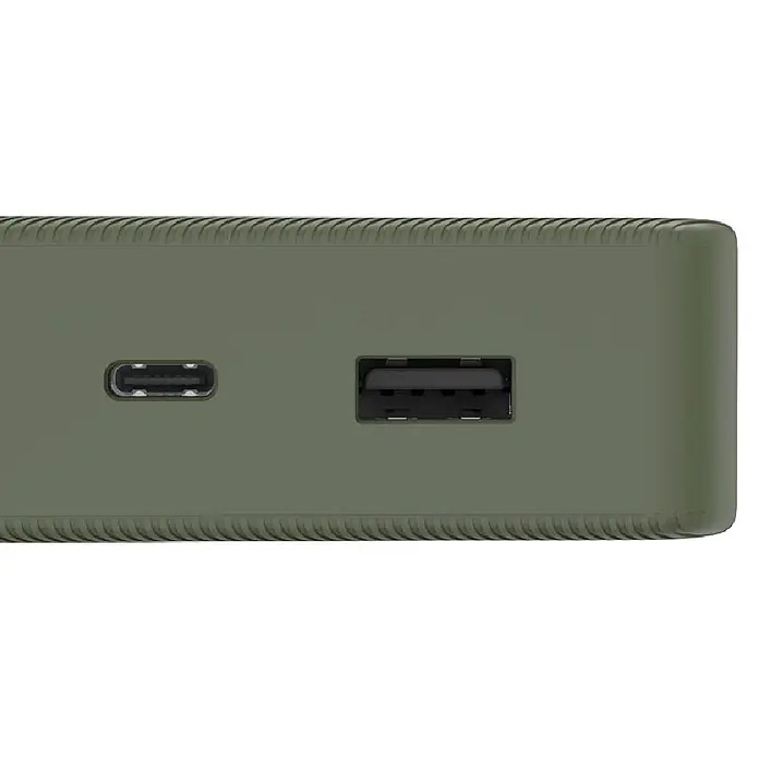 Hama Powerbank 20000 mAh Fast Charge LiPo Statusanzeige - Grün - Olivgrünes rechteckiges Gerät mit USB-C und USB-A Anschlüssen.