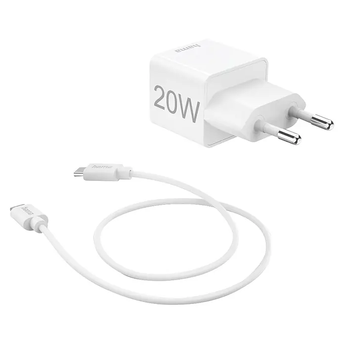 Hama USB-Kabel 00201675 mit Ladekabel USB-C Mini-Ladegerät PD 20 W - 1 m, Weiß - Weißes 20W USB-C Netzteil mit EU-Stecker und passendem weißem USB-C Ladekabel.