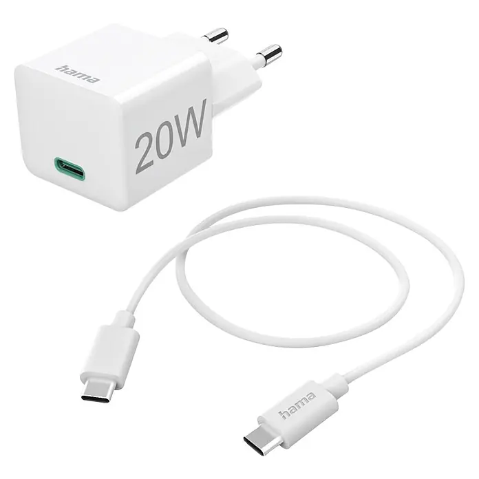 Hama USB-Kabel 00201675 mit Ladekabel USB-C Mini-Ladegerät PD 20 W - 1 m, Weiß - Weißes Hama 20W USB-C Ladegerät mit passendem weißem USB-C auf USB-C Kabel zum schnellen Laden.