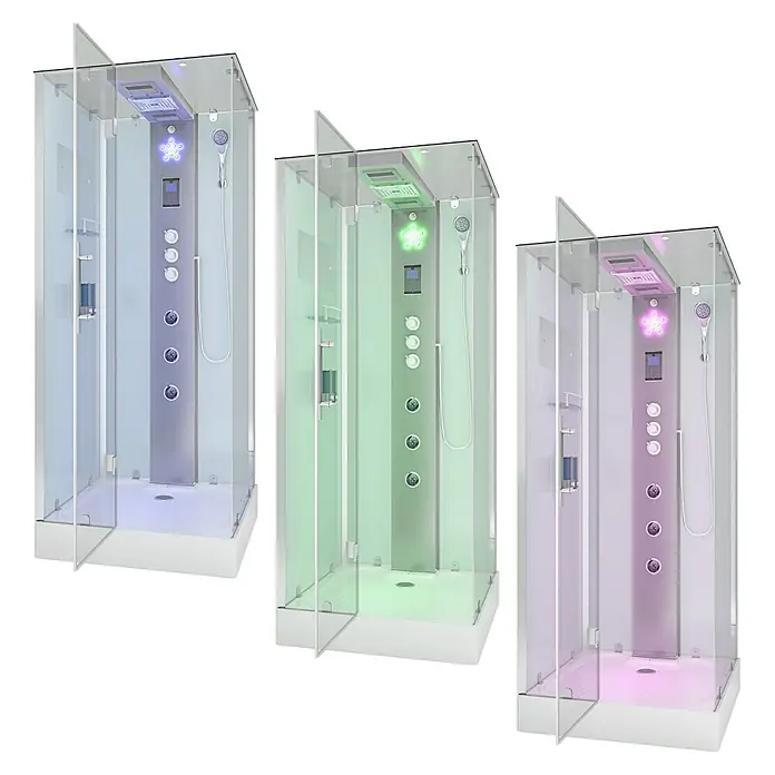 AcquaVapore Komplettdusche Fertigdusche D38-10L1-EC - 90 x 90 x 218 cm, Weiß - Moderne Duschkabine mit Glaswänden, weißer Wanne und farbwechselnder LED-Innenbeleuchtung.