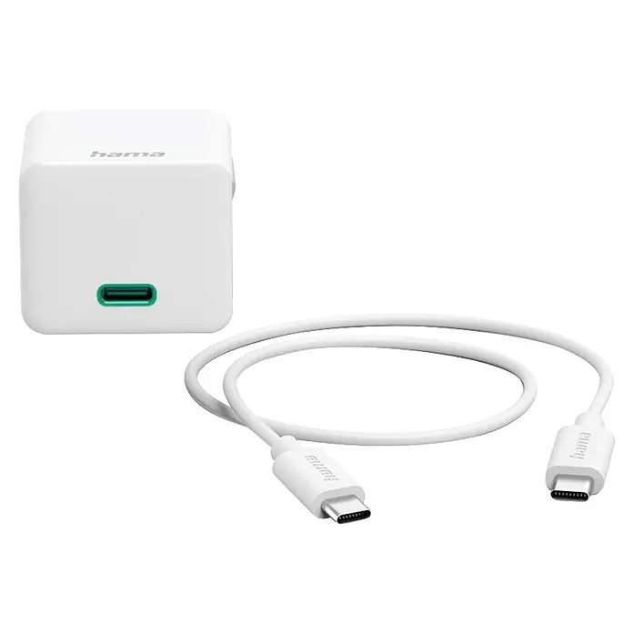 Hama USB-Kabel 00201675 mit Ladekabel USB-C Mini-Ladegerät PD 20 W - 1 m, Weiß - Weißes Hama USB-C Netzteil mit grünem Port und ein gewickeltes weißes USB-C zu USB-C Kabel.