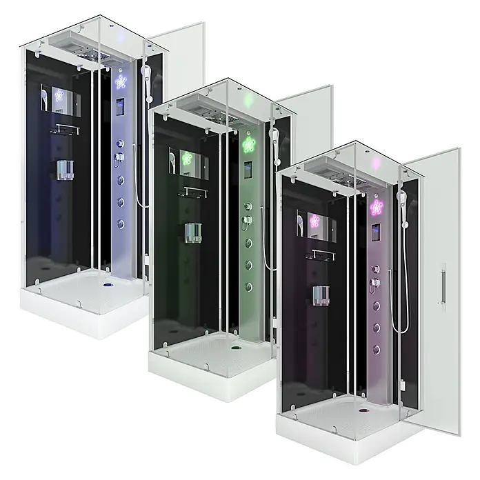 AcquaVapore Komplettdusche Dampfdusche D38-23R2 - 100 x 100 x 218 cm, Schwarz - Moderne Glasduschkabine mit schwarzer Platte, weißem Sockel, Massagedusche und integrierter Farbbeleuchtung.