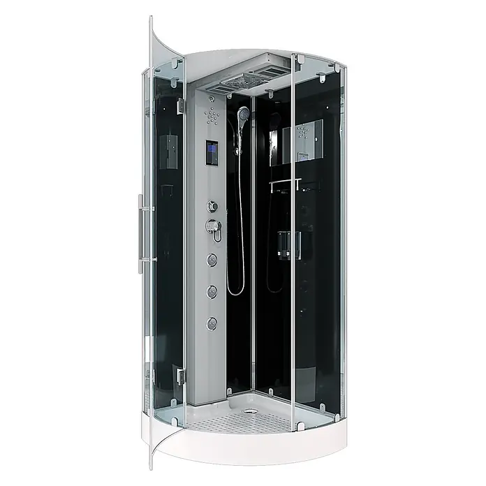 AcquaVapore Komplettdusche Dampfdusche D37-13L2 - 90 x 90 x 218 cm, Schwarz - Moderne Eckduschkabine mit Klarglas, grauem Bedienfeld, schwarzen Rückwänden und weißer Wanne. Mit Kopf- und Handbrause sowie Massagedüsen.