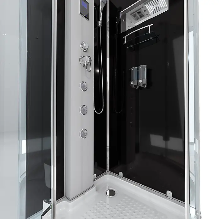 AcquaVapore Komplettdusche Dampfdusche D37-13L2 - 90 x 90 x 218 cm, Schwarz - Moderne schwarz-weiße Duschkabine mit Glasgehäuse, Bedienfeld und Hydromassagedüsen.
