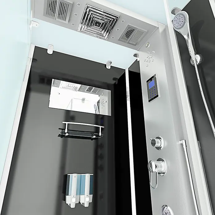 AcquaVapore Komplettdusche Dampfdusche D38-23R2 - 100 x 100 x 218 cm, Schwarz - Modernes Duschkabinen-Interieur mit schwarzen Paneelen, Chromarmaturen, digitaler Steuerung und Beleuchtung.
