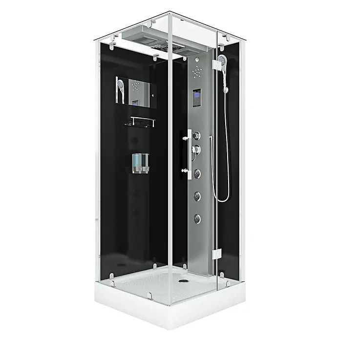 AcquaVapore Komplettdusche Dampfdusche D38-23R2 - 100 x 100 x 218 cm, Schwarz - Moderne Multifunktions-Duschkabine mit Klarglas, schwarzen Paneelen, Chromarmaturen und weißer Basis.