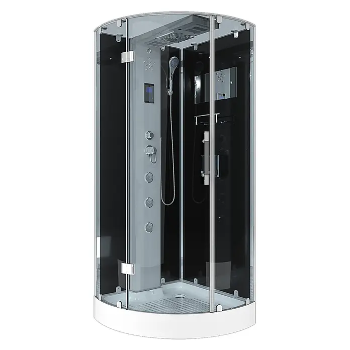 AcquaVapore Komplettdusche Dampfdusche D37-13L2 - 90 x 90 x 218 cm, Schwarz - Moderne Glas-Duschkabine mit schwarzen und grauen Innenpaneelen, Steuerdisplay und mehreren Duschfunktionen.