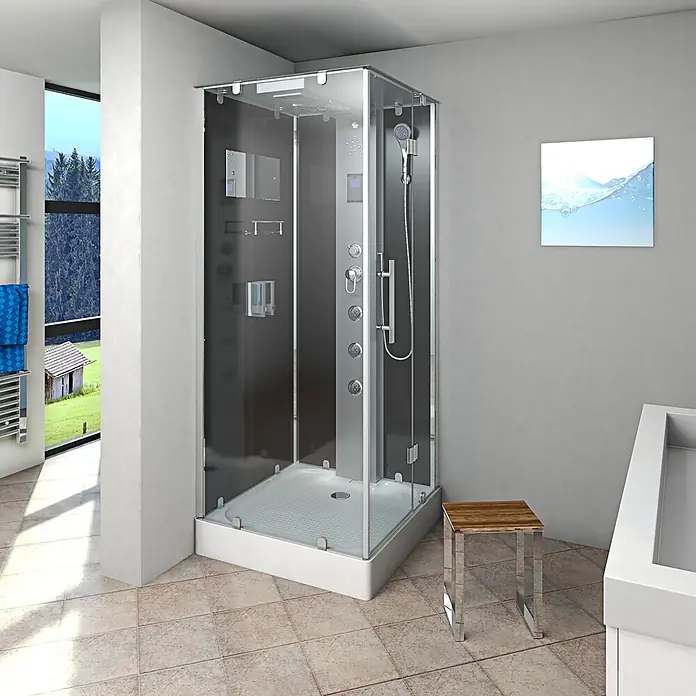 AcquaVapore Komplettdusche Dampfdusche D38-23R2 - 100 x 100 x 218 cm, Schwarz - Moderne Duschkabine mit Glaswänden, dunkler Rückwand und integriertem Duschsystem im Badezimmer.