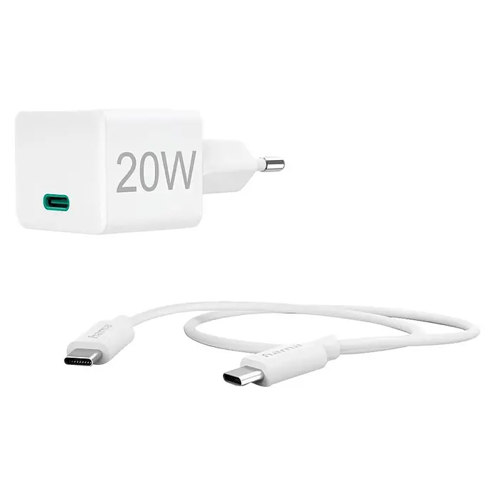 Hama USB-Kabel 00201675 mit Ladekabel USB-C Mini-Ladegerät PD 20 W - 1 m, Weiß - Weißes 20W USB-C Ladegerät mit passendem weißem USB-C auf USB-C Kabel.