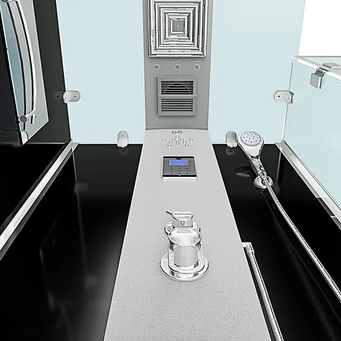 AcquaVapore Komplettdusche Dampfdusche D38-23R2 - 100 x 100 x 218 cm, Schwarz - Elegantes, modernes Duschbedienfeld mit verchromter Handbrause, integriertem Bildschirm und Metalloberflächen.