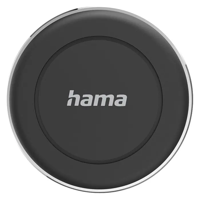 Hama Handyhalter 00201972 "Magnet" für Lüftung 360 Grad drehbar universal - Schwarz, Silber - Rundes dunkelgraues Hama Wireless Charging Pad mit silbernem Rand.