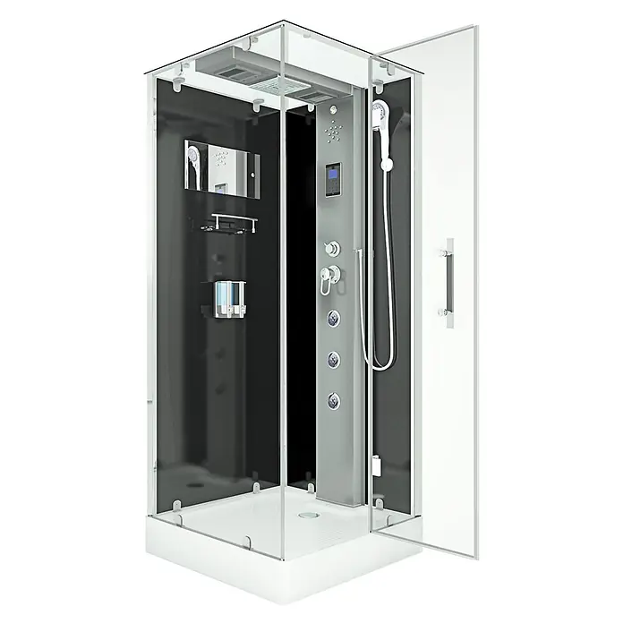 AcquaVapore Komplettdusche Dampfdusche D38-23R2 - 100 x 100 x 218 cm, Schwarz - Moderne Glasduschkabine mit dunklen Innenpaneelen, Multifunktions-Duschpaneel und weißem Sockel.